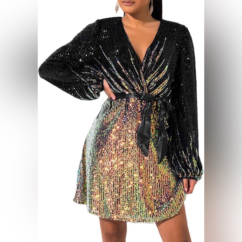 Sequin Wrapped V Neck Cocktail Evening Club Dress